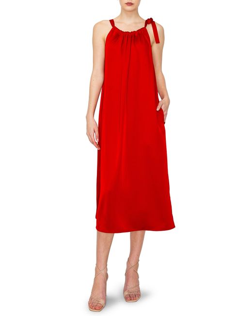 MELLODAY Red Halter Neck Satin Midi Dress