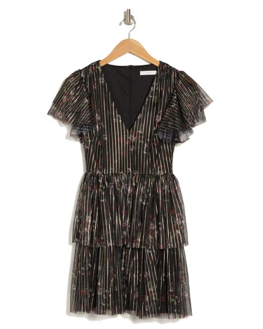 Lush Black Floral Metallic Stripe Tiered Fit & Flare Dress