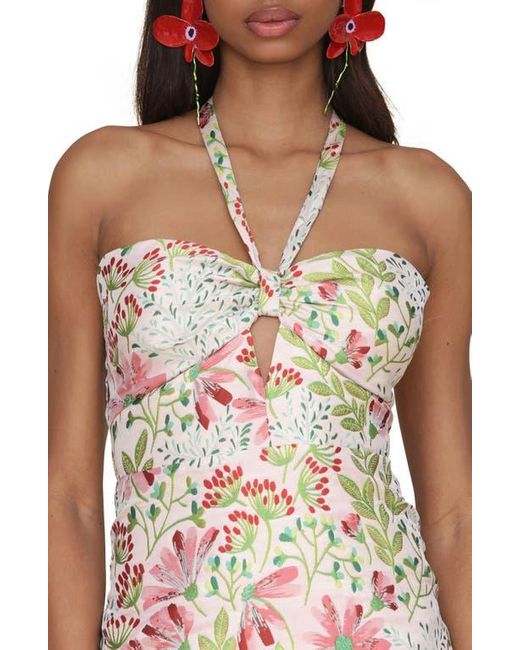 Avec Les Filles Multicolor Floral Brocade Halter Neck Midi Dress