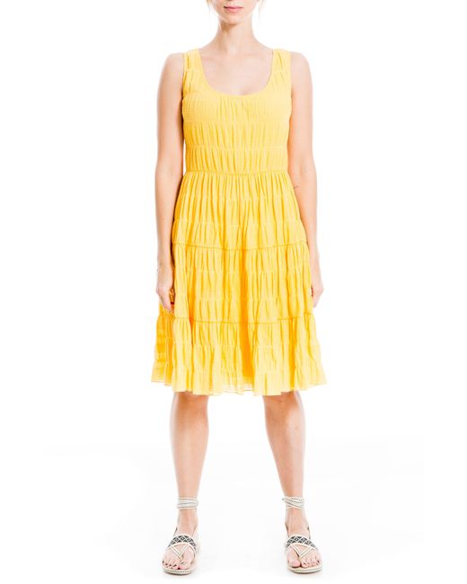 Max Studio Yellow Texture Tiered Stretch Cotton Dress