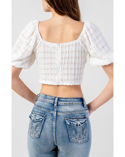 Beivy White Open Knit Puff Sleeve Crop Top