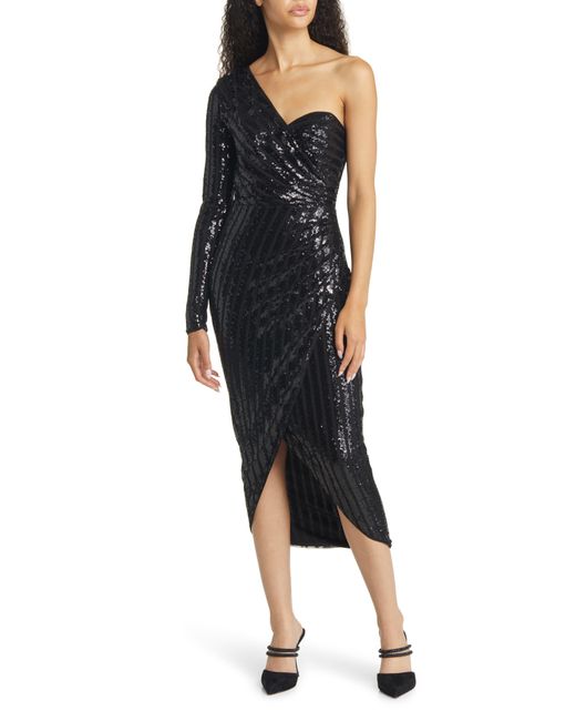 Lulus Black Elegant Occasion Sequin One-shoulder Long Sleeve Cocktail Dress