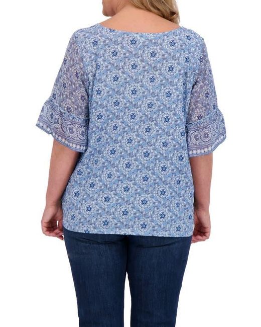 Lucky Brand Blue Mixed Media Flutter Sleeve Top