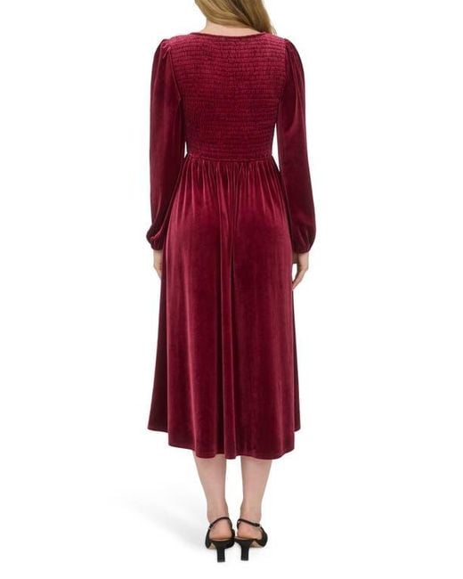 AUGUST SKY Red Long Sleeve Smocked Velvet Midi Dress