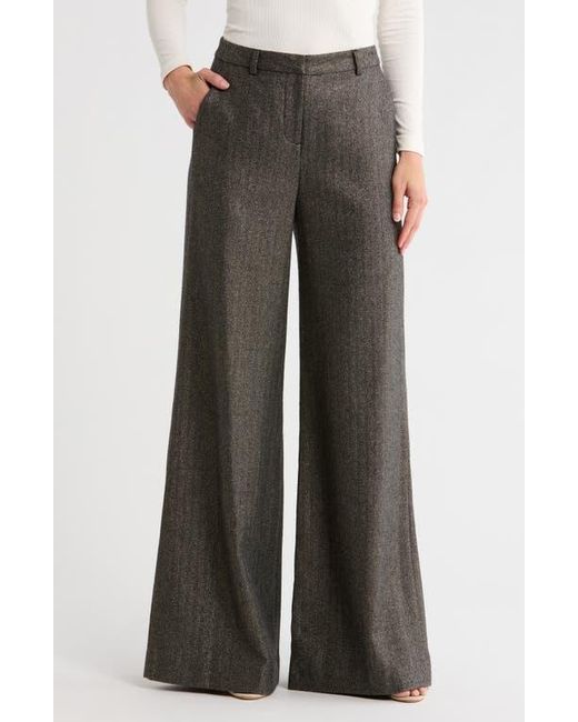 L'Agence Gray Pilar Metallic Herringbone Wool Blend Wide Leg Pants