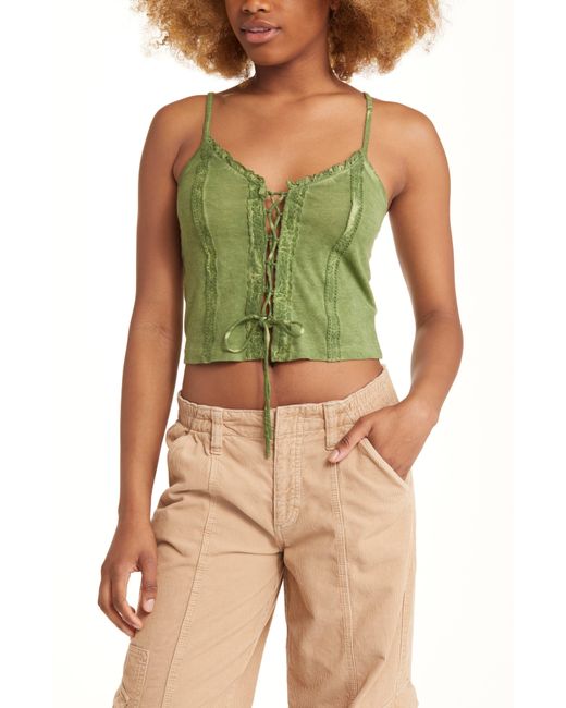 BDG Green Embroidered Crop Tie Front Cotton Blend Tank Top