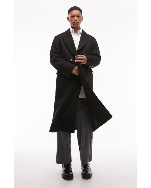 Topman Black Double Breasted Overcoat for men