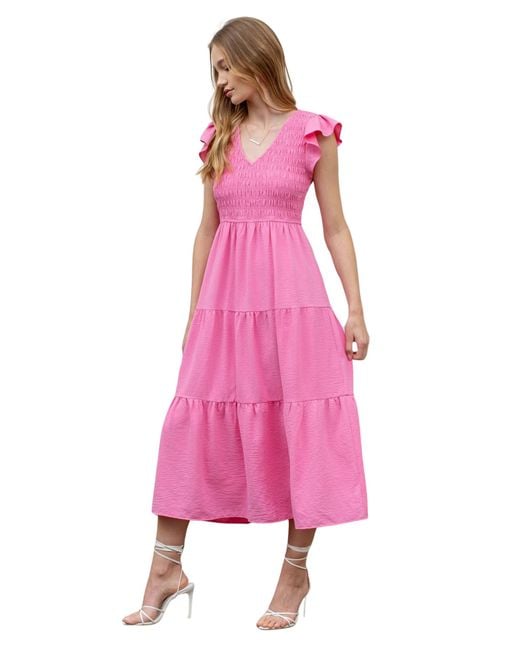 Blu Pepper Pink Flutter Sleeve Midi Dress