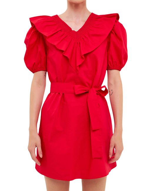 English Factory Red Smocked Ruffle Puff Sleeve Cotton Minidress