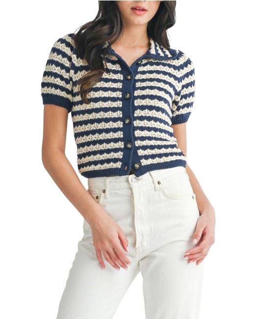 Lush Multicolor Stripe Short Sleeve Cotton Pointelle Cardigan