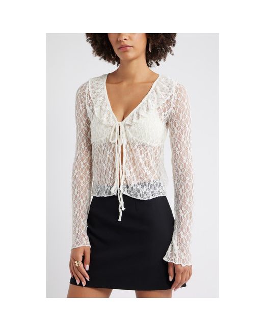 Open Edit Gray Ruffle Sheer Lace Top