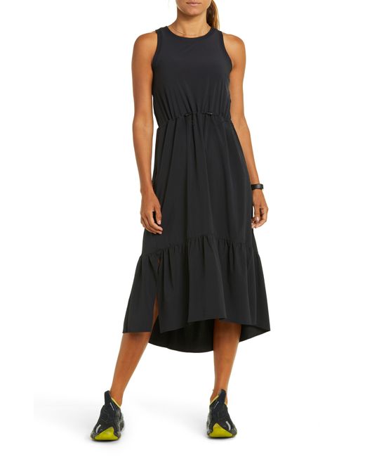 Zella Black Drawcord Waist Tiered Midi Dress