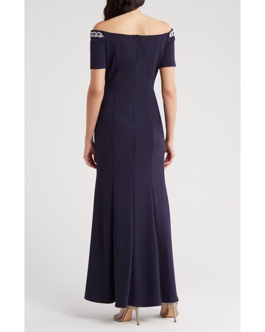 Marina Blue Beaded Off-the-shoulder Short Sleeve Trumpet Gown