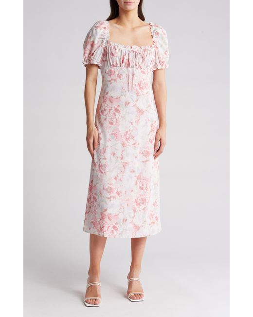 Wayf Pink Floral Ruched Midi Dress