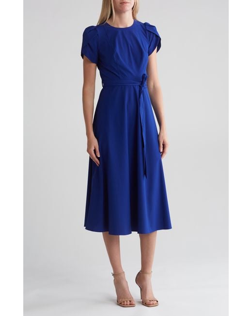 Calvin Klein Blue Comm Tie Waist Tulip Sleeve Dress