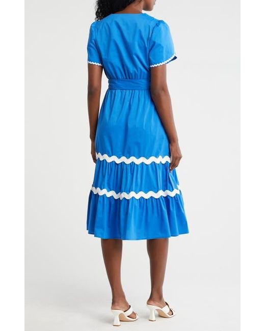 Nanette Lepore Blue Wavy Lace Trim Tie Waist Midi Dress