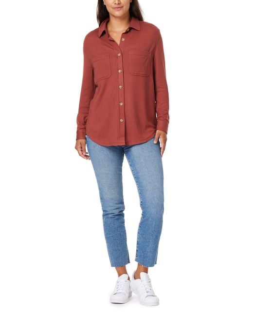 C&C California Red Marina Luxe Essential Knit Button-up Shirt