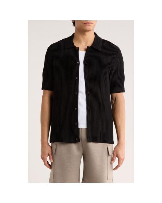 Truth Black Ribbed Plissé Knit Button-Up Shirt for men