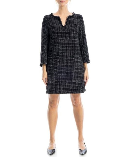 Max Studio Tweed Long Sleeve Shift Dress in Black | Lyst