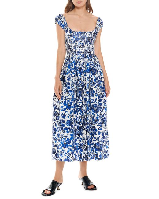 La Ligne Blue Vivian Floral Smocked Bodice Cotton A-line Dress