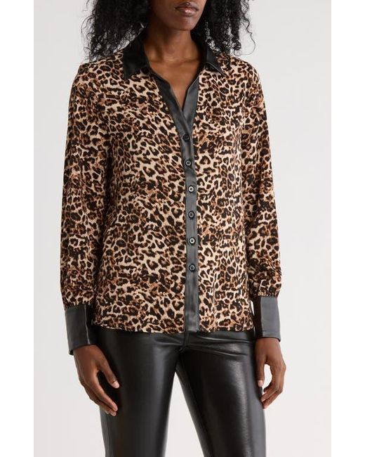 Ellen Tracy Brown Faux Leather Trim Boyfriend Shirt