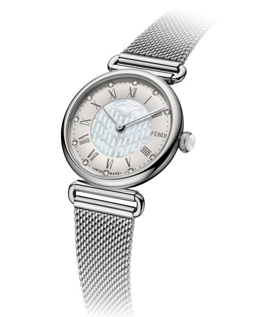 Fendi Gray Palazzo Diamond Marker Mesh Strap Watch for men