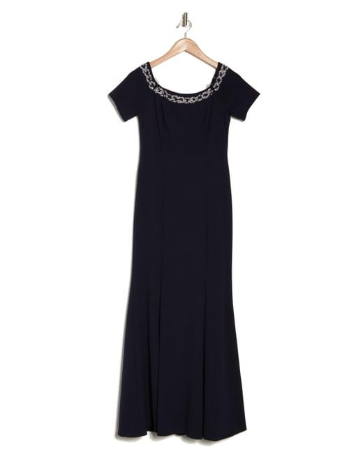 Marina Blue Beaded Off-the-shoulder Short Sleeve Trumpet Gown
