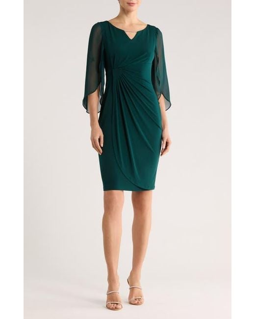 Connected Apparel Mixed Media Cape Sleeve Mock Wrap Cocktail Dress in Green  | Lyst