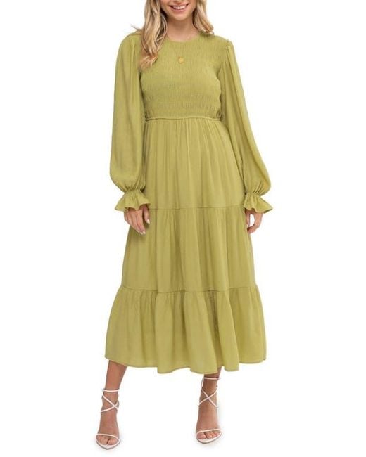 AUGUST SKY Yellow Smocked Long Sleeve Tiered Dress