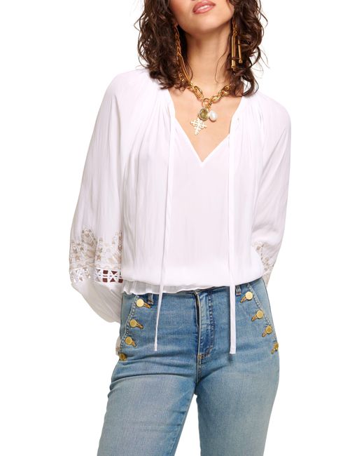 Ramy Brook White Alizee Embroidered Split Neck Blouse