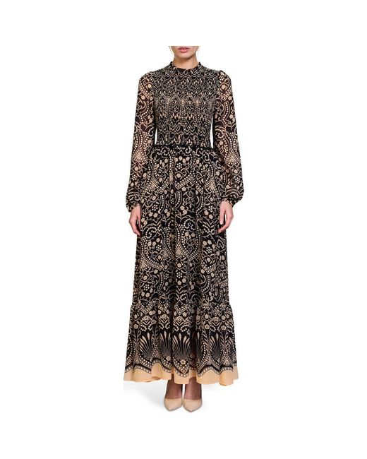 MELLODAY Smocked Long Sleeve Chiffon Maxi Dress in Brown | Lyst