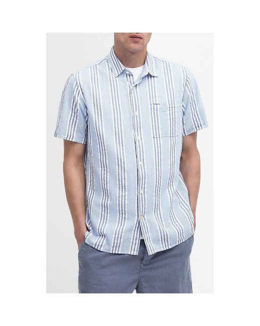Barbour Blue Stonebay Stripe Short Sleeve Cotton Seersucker Button-Up Shirt for men