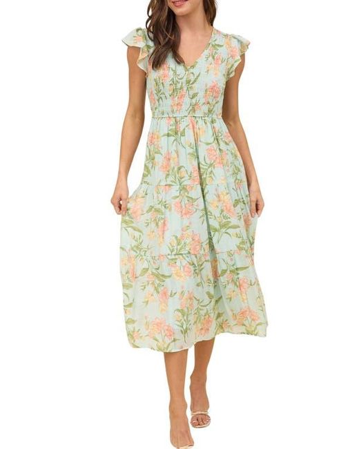 Blu Pepper Yellow Floral Flutter Sleeve Tiered Midi Dress