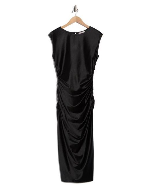 Chelsea28 Black Ruched Cap Sleeve Satin Midi Dress