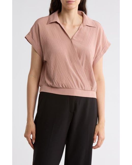 Pleione Black Short Sleeve Faux Wrap Textured Satin Top