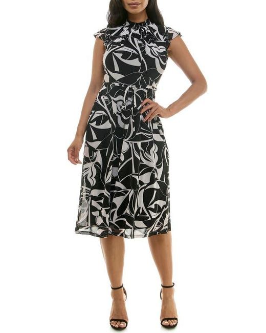 Nina Leonard Black Mock Neck Flutter Sleeve Midi Dress