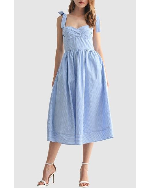 Lush Women's Blue Stripe Tie Strap Fit Flare Midi Dress