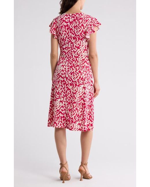 London Times Red Wrap Style Flutter Sleeve Dress