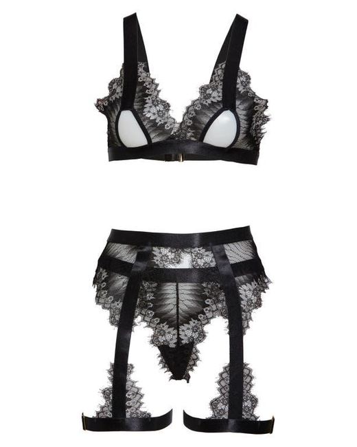 Oh La La Cheri Black Open Cup Bralette, High Waist Panties & Suspenders Set