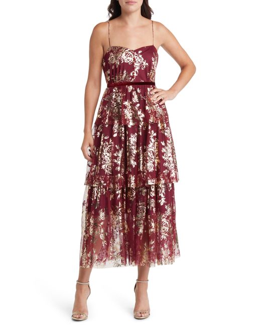 Badgley Mischka Metallic Floral Tiered Tulle Cocktail Dress
