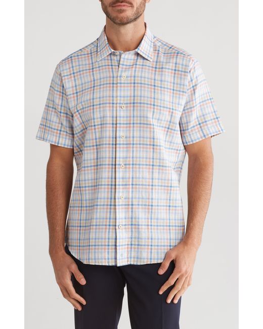 David Donahue White Herringbone Short Sleeve Linen & Cotton Button-up Shirt for men