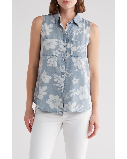 Tahari Blue Floral Sleeveless Button-up Shirt