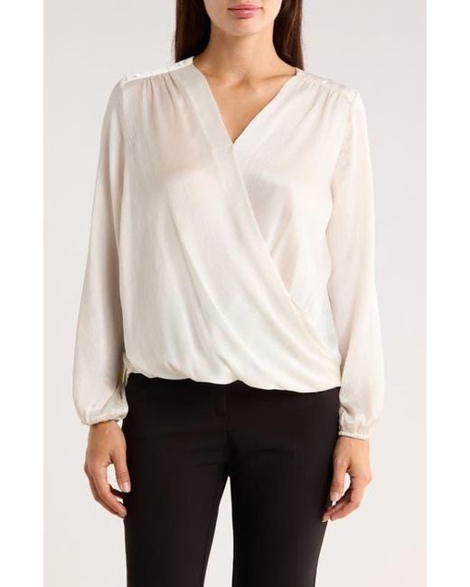 Tahari White Long Sleeve Faux Wrap Blouse