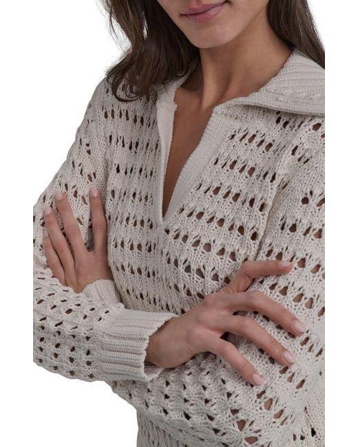 DKNY Gray Johnny Collar Open Stitch Cotton Blend Sweater