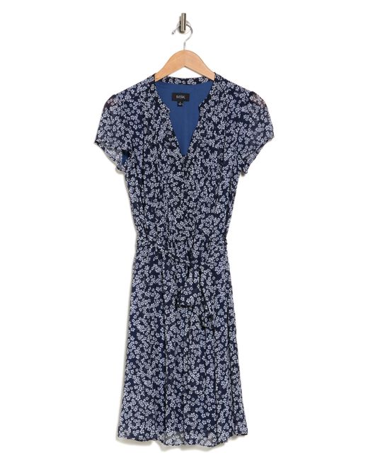 1.STATE Blue Floral Print Pintuck Cap Sleeve Dress
