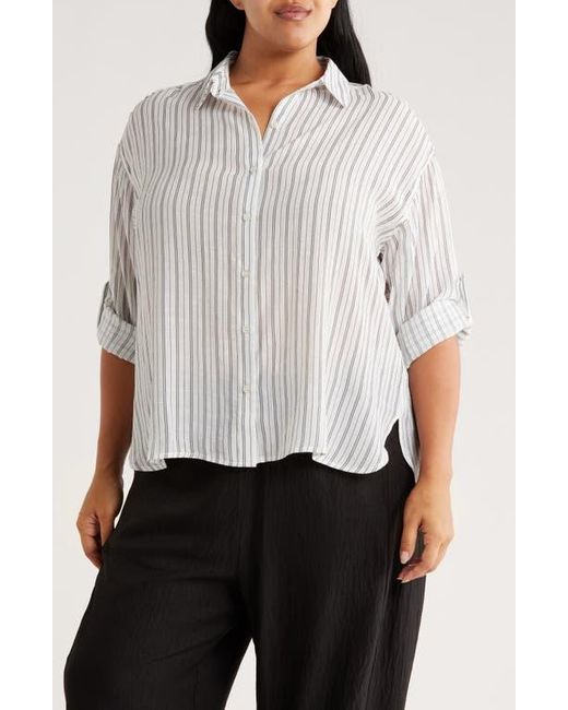Max Studio White Stripe Roll Sleeve Button-Up Shirt