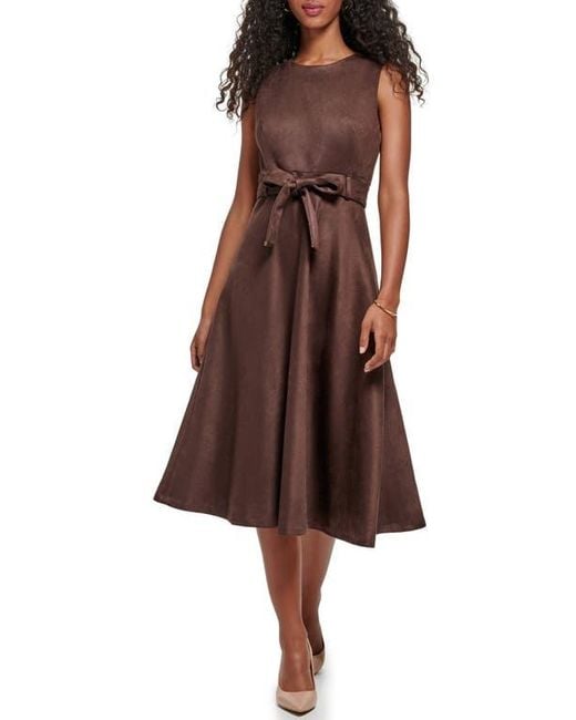 Calvin Klein Brown Belted Faux Suede Midi Dress