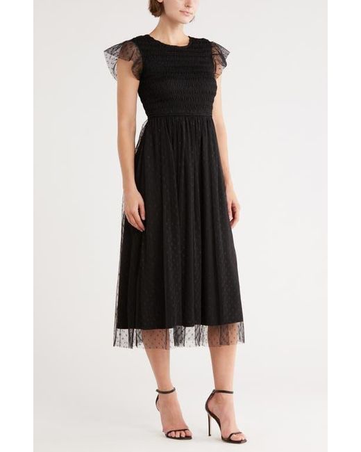 Blu Pepper Black Smocked Flutter Sleeve Midi Dress