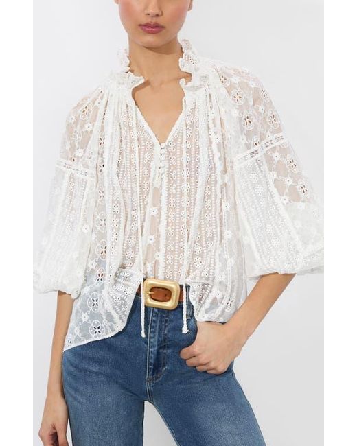 Alice + Olivia Women's White Norah Eyelet Embroidered Peasant Top