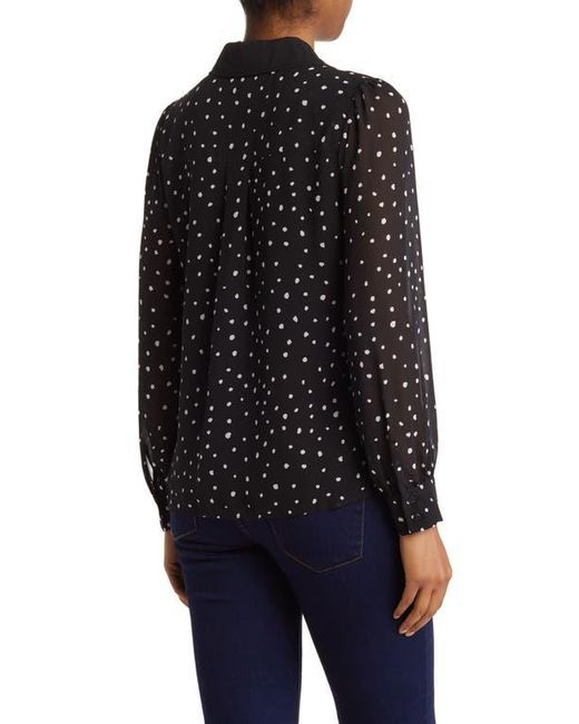 DR2 by Daniel Rainn Black Peter Pan Collar Polka Dot Button Front Long Sleeve Blouse